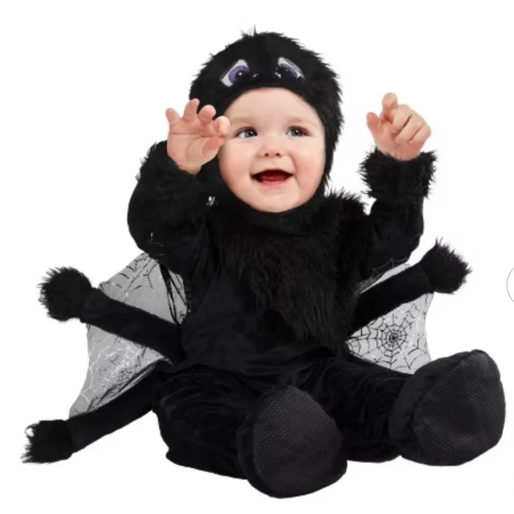 Infant Spider Costume Black Fuzzy Hooded Jumpsuit 12-18 Months Halloween NWT